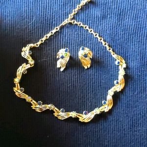 Green & Blue Gems on Gold Necklace & Earrings